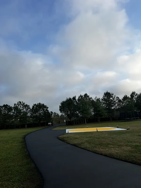 Long new asphalt driveway curving across a lawn